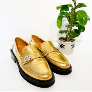 GANNI Bronze Metallic Leather Loafers With Rhinestone Embellishment